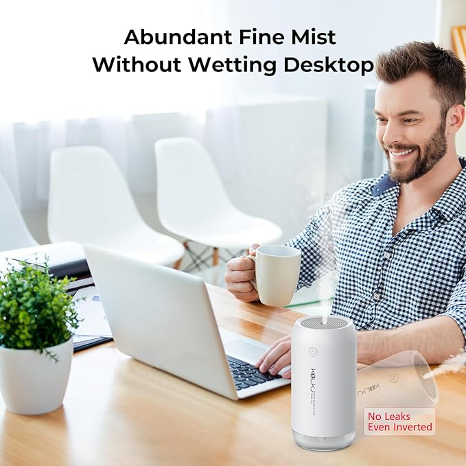 Portable Mini Humidifier, KQLKJ 350ml Small Cool Mist Humidifiers, USB Personal Desktop Humidifier for Bedroom Car Office Travel with Auto Shut-Off & 2 Mist Modes (White) - Image 3