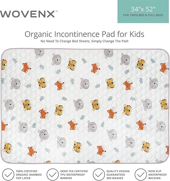 Organic Incontinence Pads for Kids & Toddlers - 5 Layer Waterproof Protectors for Overnight Bed Wetting - Reusable & Washable Pee Pads - Fits Twin to Full Size Beds - 34" x 52" Tiger Bear Fox - Image 5
