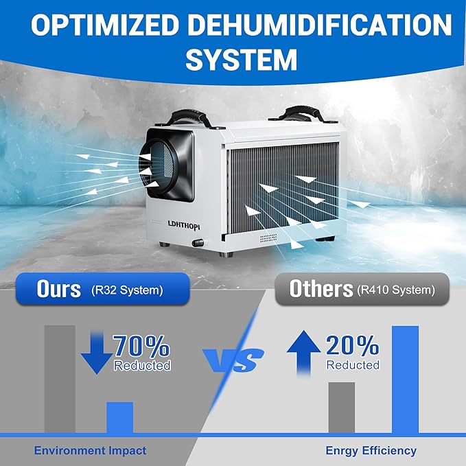 LDHTHOPI 145 Pint Commercial Dehumidifier with Drain Hose for Crawl Spaces Basements Industry Water Damage Unit Restoration, Up to 6000 Sq.Ft, Auto Defrost, Memory Starting(Gift Directional Wheels) - Image 4
