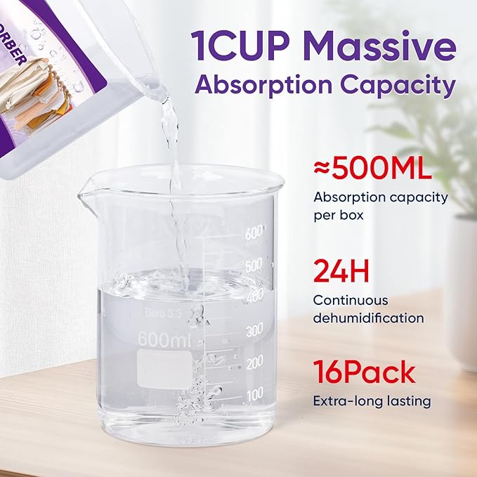 16 Pack Moisture Absorbers, 10.5 OZ Humidity Absorber Bucket, Moisture Absorbers for Closet, Dehumidifier Bucket for Wardrobes (Lavender Scent), Kitchens and Bathrooms - Image 5