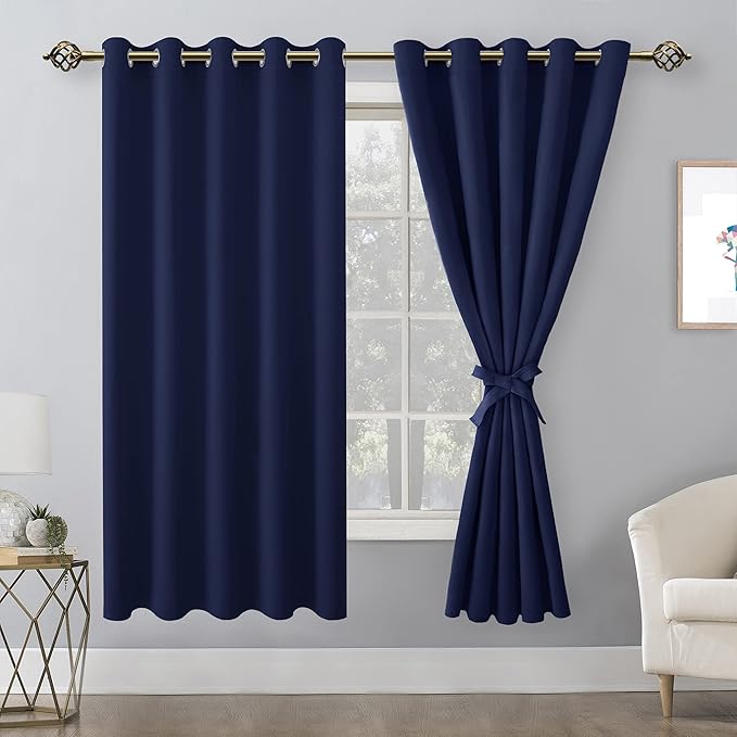 Hiasan Blackout Curtains for Bedroom, 60 x 63 Inches Length - Thermal Insulated & Light Blocking Window Curtains for Living Room, 2 Drape Panels Sewn with Tiebacks, Navy Blue - Image 2