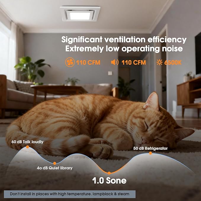 FEITON Bathroom Exhaust Fan with Light, Ceiling Mount, 110 CFM 1.0 Sones 4 Inch Duct, Quiet Square Bath Fan Light Combo, Shower Exhaust Fan with Light - Image 2