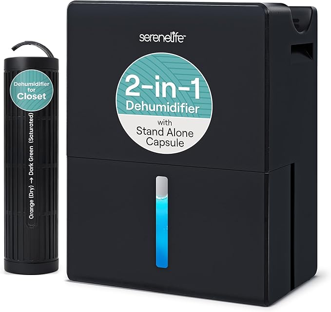 SereneLife Dehumidifier, Quiet 2-in-1 Thermoelectric & Desiccant Dehumidifiers for Home, 85 oz Tank Drying Base w/Small Room Attachment, Smart Humidity Control for Basement, Bathroom, Bedroom, Closet by SereneLife