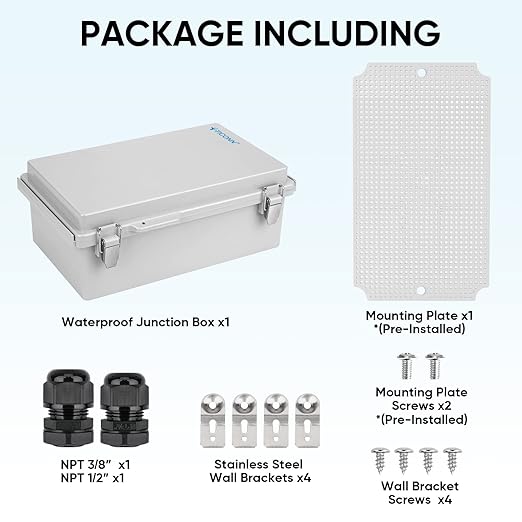 TICONN Outdoor Electrical Box Waterproof, Junction Box IP67 ABS Plastic Enclosure with Hinged Cover with Mounting Plate, Wall Brackets, Cable Glands (Off-White, 10.2"x6.3"x3.9") - Image 6