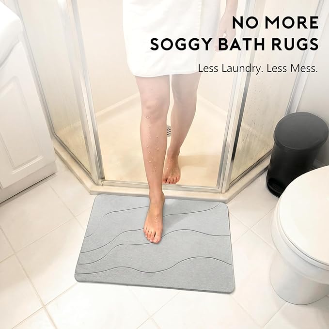 Stone Bath Mat for Shower Exit, Quick-Dry Diatomaceous Earth, New Apartment Essential & Housewarming Gift, 23.5" x 15.5" Light Gray-Wave - Image 5