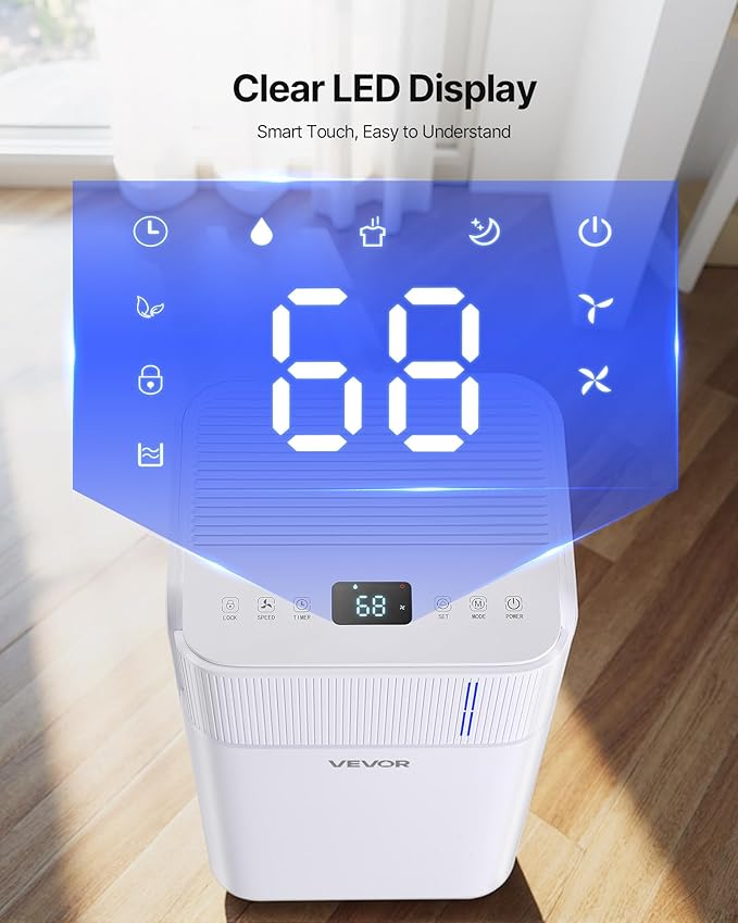 VEVOR 30 Pints Dehumidifier for Home & Basement, 1500 Sq.Ft Large CoverageDrain Hose for Commercial & Industrial Use, Smart Humidity Control, Low Noise for Large Rooms, Warehouses, Bedrooms & Storage - Image 4
