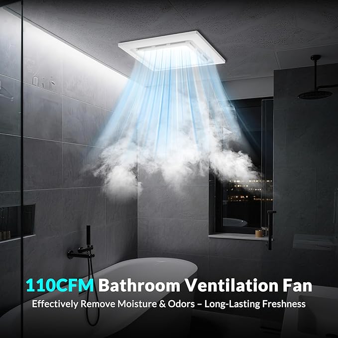 TEPU Bathroom Exhaust Fan with Light 110 CFM, 9.8In Grille, Cutout Size 8.27" x 8.27", Duct 4 Inch, 1.0 Sone Quiet Bath Ceiling Vent Fan Combo with 6500K 1200LM LED Light, for Bathroom, Laundry - Image 2