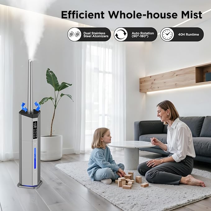 Humidifiers for Bedroom - GloryAir 2.38Gal/9L Dual Atomizers Top Fill Humidifier for Large Room 2000ft² with Auto Rotation 7-Color Light Humidistat Quiet Commercial Humidifiers for House Plants Baby - Image 5
