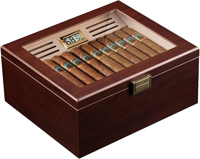 ProCase Wood Cigar Humidor Box, Wooden Desktop Cigar Storage Case, with Humidifier，Cedar Lining, Glass Top, Digital Hygrometer, Gift for Men Dad Boyfriend, Father's Day by ProCase