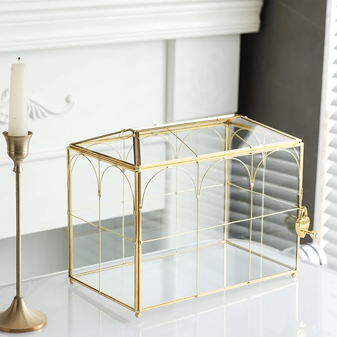 Glass Card Box with Slot, 10.2 inch Large Gold Clear Card Box for Wedding Receptions, Decorative Storage Box with Lock for Baby Shower, Birthday Party, Bridal Shower - Image 6