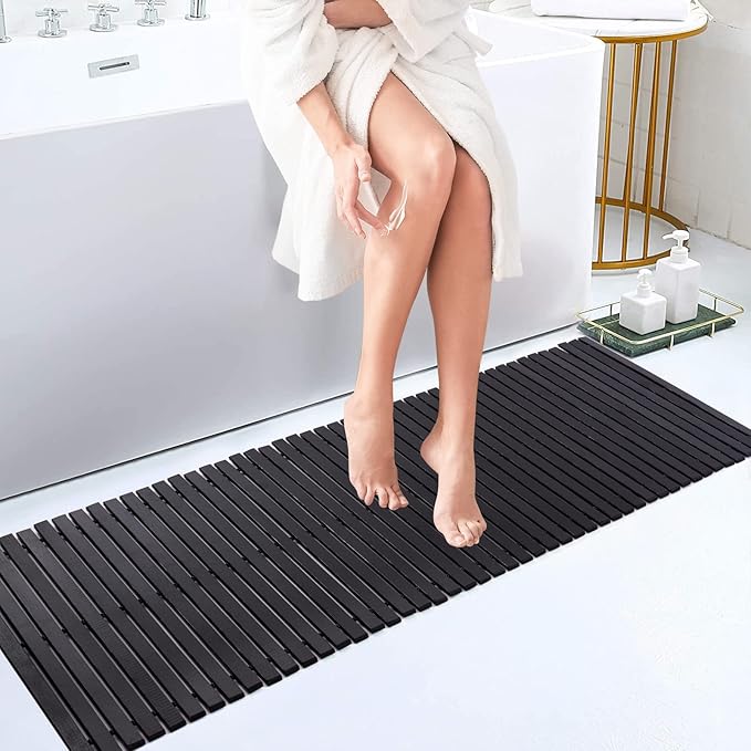 Bath Mat Bathroom Runner Long Large Rugs Floor Wood Shower Bathtub Waterproof Non Slip Accessories 16x48 Inch Easy to Clean, Black, 1 pc - Image 5