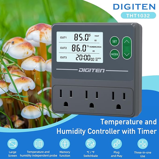 DIGITEN Temperature and Humidity Controller with Timer - 3 Outlet, 2 Separate Probes, Plug in Temperature Controller for Reptiles,Snake, Mushrooms, Tent, Triple Control for Temp,Humidity,Time - Image 2