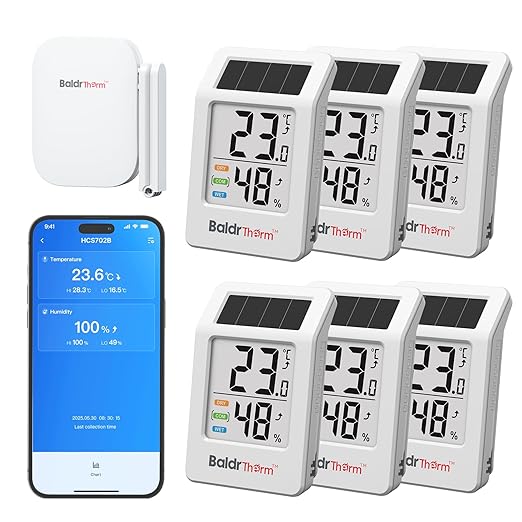 BaldrTherm WiFi Thermometer, Wireless Smart Thermometer, Remote Temperature Monitor with Gateway&Solar Sensor,200ft Coverage, App Alerts,12-Month Battery, Comfort Indicator, Data Sync Recover,6Pack by BaldrTherm