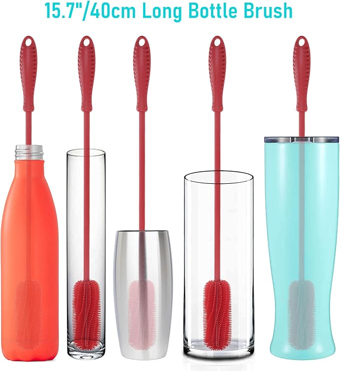 15.7" Silicone Bottle Brush, ddLUCK Water Bottle Cleaner Brush for Stanley, Hydroflasks, Glass, Thermos Sports Bottle, Vase and Glassware, Bottle Brush Cleaner for Small Narrow Neck Containers (Red) - Image 7