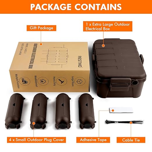 RESTMO 5-Piece Outdoor Waterproof Electrical Box Set – 12.5" x 8.5" x 5" Large & 7.1" x 2.3" x 2.3" Small, Weatherproof Boxes for Power Strip, Outlet, Plug, Socket, Timer, Holiday Light, Brown - Image 9