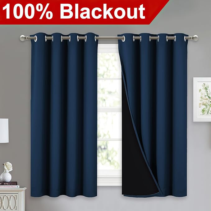 NICETOWN 100% Blackout Curtains with Black Liners, Thermal Insulated Full Blackout 2-Layer Lined Drapes, Noise Cancellation Window Draperies for Dining Room (Moroccan Blue, 2 Panels, 52" W by 54" L) - Image 2