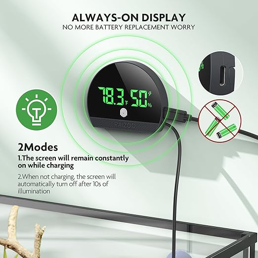 PAIZOO Reptile Thermometer Hygrometer, LED Reptile Tank Thermometer and Humidity Gauge, Rechargeable Digital Hygrometer for Reptile Tank Accessories, Switch Between ℉/℃, Always-on Display Mode - Image 3