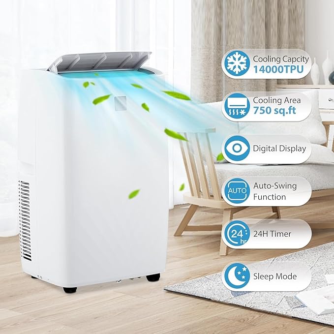 14,000 BTU Portable AC Unit– 4-in-1 Portable Air Conditioner with Cooling, Dehumidifier, Fan & Sleep Mode for Rooms Up to 700 Sq.Ft, Remote Control, LED Display, 24H Timer, White-3033 - Image 2