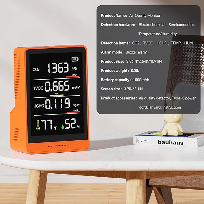 5-in-1 Professional Indoor Air Quality Monitor Indoor Portable CO2 Monitor | Temperature | Formaldehyde Detector | Humidity TVOC | Air Quality Tester - Confined Space Clean Air Monitor (Orange) - Image 5