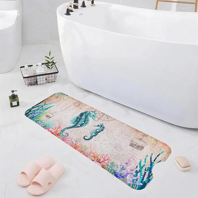 Ocean Bathtub Mat Non Slip, Cute Baby Bath Mat for Tub Rubber Tub Mat, Seahorse Coral Toddler Kids Bath Mats for Bathroom Anti Slip Shower Mat with Suction and Drain Holes Machine Washable, 40″x16″ - Image 7