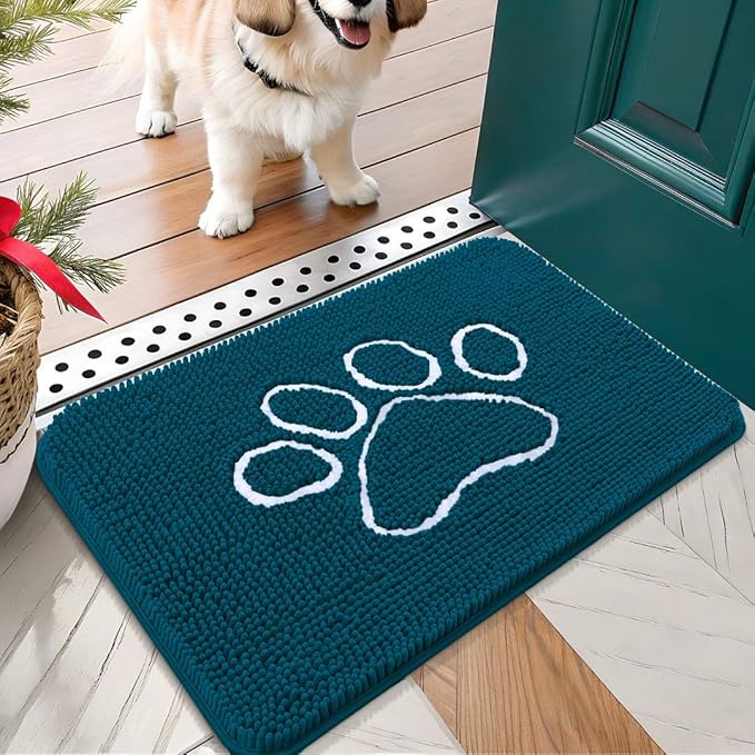 OLANLY Dog Door Mat for Muddy Paws 24x16, Paw Print Design, Absorbs Moisture and Dirt, Absorbent Non-Slip Washable Doormat, Quick Dry Chenille Mud Mat, Entry Indoor Entryway Carpet, Atlantic Blue by OLANLY