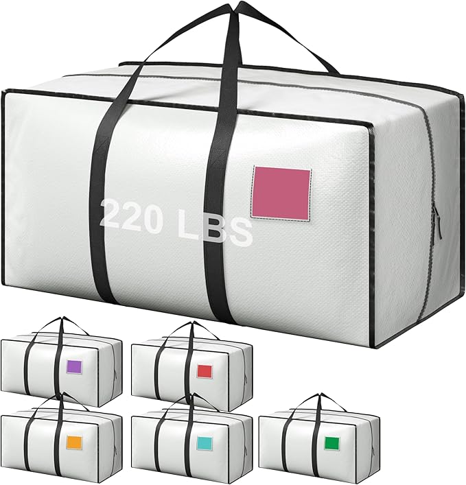 6 Pack Extra Heavy Duty Large Moving Bags with Reinforced Zipper & Wide Handles, Waterproof Storage Bins for Clothes, College Dorm, Travel, and Home Organization, White by Unknown