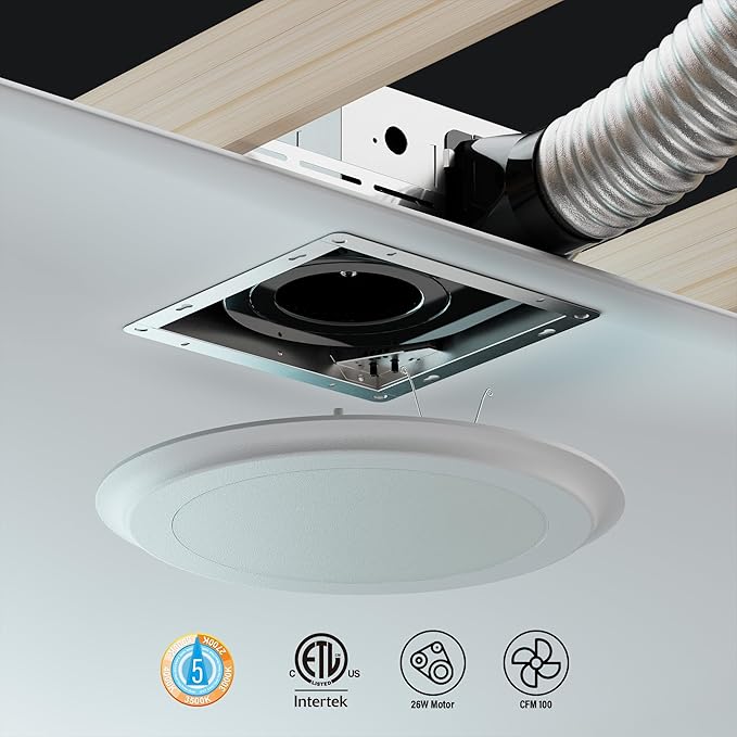 100CFM Round Bathroom Ventilation Fan: Quiet 1.2 Sones Ceiling Mount Exhaust Fan Combo with Integrated LED Light, 5CCT Selectable, Dimmable, Wet Rated, ETL Certified - Image 3