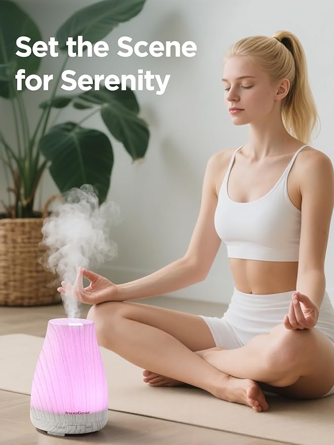 InnoGear Essential Oil Diffuser, Ultrasonic Diffusers for Home Aromatherapy Humidifier for Bedroom Room 7 Colors LED 2 Mist Mode Auto Off, White Grey - Image 7