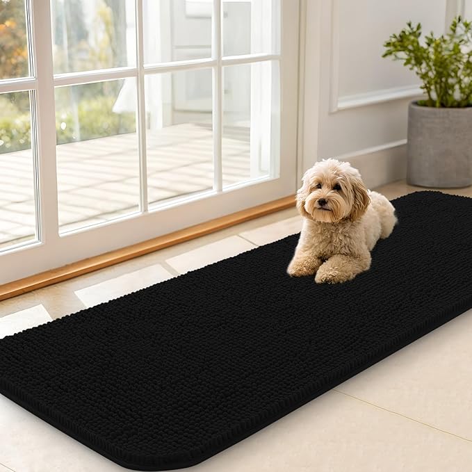OLANLY Dog Door Mat for Muddy Paws 59x20, Absorbs Moisture and Dirt, Absorbent Non-Slip Washable Doormat, Quick Dry Chenille Mud Mat for Dogs, Entry Indoor Entryway Carpet for Inside Floor, Black by OLANLY