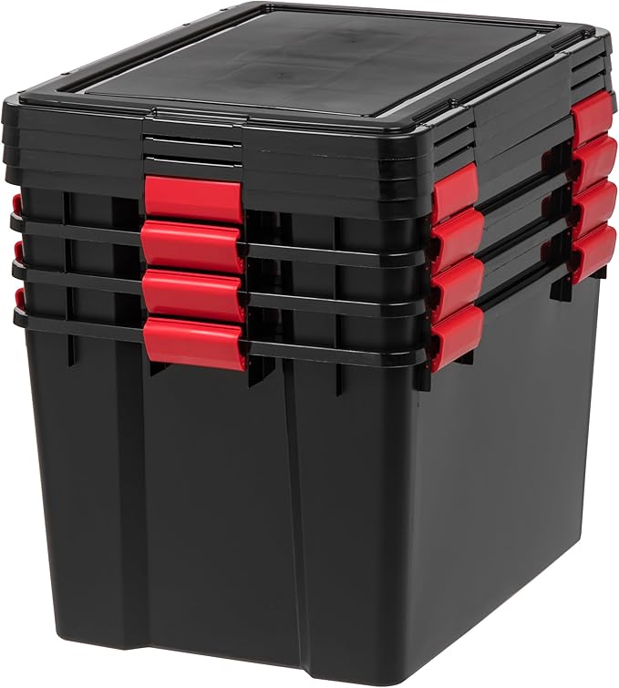 IRIS USA WeatherPro 74 Qt Storage Bins with Lids, 4 Pack, BPA-Free Plastic Gasket Box with Tight Latch and Seal, Stackable Nestable Tote Tub - Black/Red - Image 7
