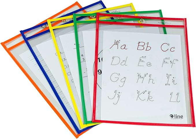 C-Line Reusable Dry Erase Pockets, 9 x 12 Inches, Assorted Primary Colors, 5 Pockets per Pack (40630) by C-Line