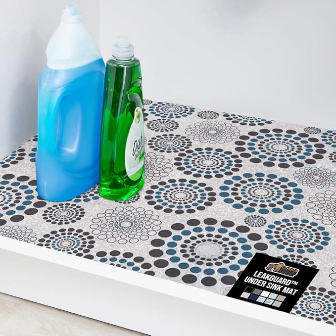 GORILLA GRIP LeakGuard Non-Adhesive Under Sink Mat for Kitchen Cabinet, Waterproof Quick Dry Shelf Liner, Durable Absorbent Felt Mats for Bathroom Sink, Cabinets, Dresser, 24x24 Spiral Gray Turquoise by GorillaGrip
