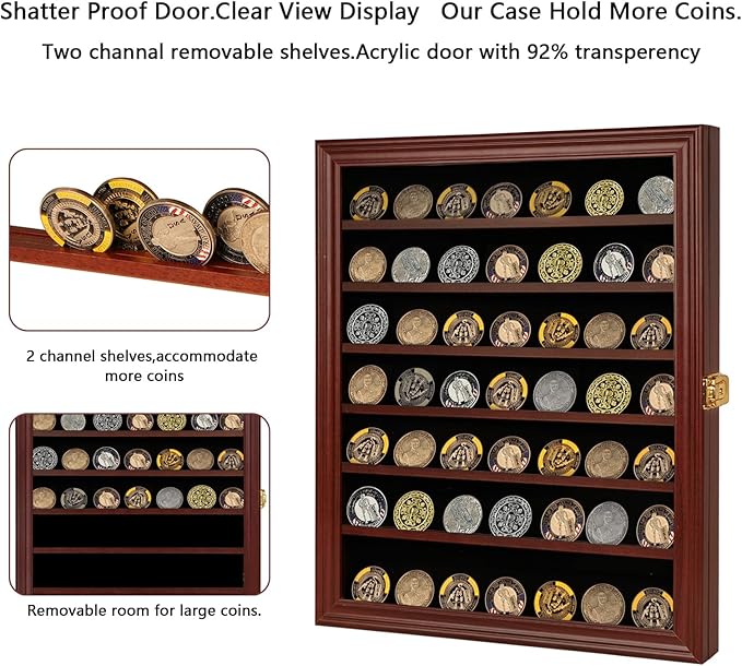 Jinchuan Military Challenge Coin Display Case Lockable Cabinet Rack Holder Shadow Box with Removable 2 Grooves Shelves and Anti Dust Door for Casino Poker Chips Collectibles, Large - Mahogany - Image 4