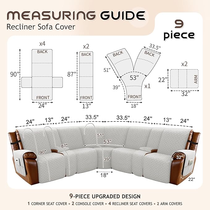 Arfntevss Waterproof Recliner Sectional Couch Covers for Reclining L Shape Sofa Cover Non Slip Washable L Shaped Slipcover Sets for Dog Furniture Protector (5 Seat with 2 Console Cover, Pale Gray) - Image 5