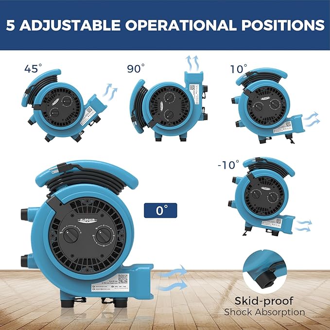 ALORAIR 1000 CFM Air Mover Blower Fan for Drying, Ventilating, Exhausting, Cooling, Utility Timer Fan with 3 Speeds, 5 Adjustable Angles, 20ft Long Cord for Home, Industrial, Commercial Use - GE1000T - Image 4