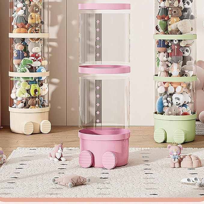 Rotating Toy Storage Tower, 2025 New Tube Storage for Stuffed Animals with Lights, Tube Storage Container with Zipper, Transparent Round Flip Organizer for Plush Toys (Green-without light, 38.2in) - Image 5