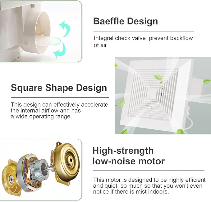 Bathroom Fan Ceiling Mount Exhaust Ventilation Fan Ceiling Exhaust Fan Extractor Fan 141 CFM 1.2 Sones,Quiet Bathroom Ventilation Exhaust Fan for Shower,Restroom,Office,Home (Grille) - Image 5