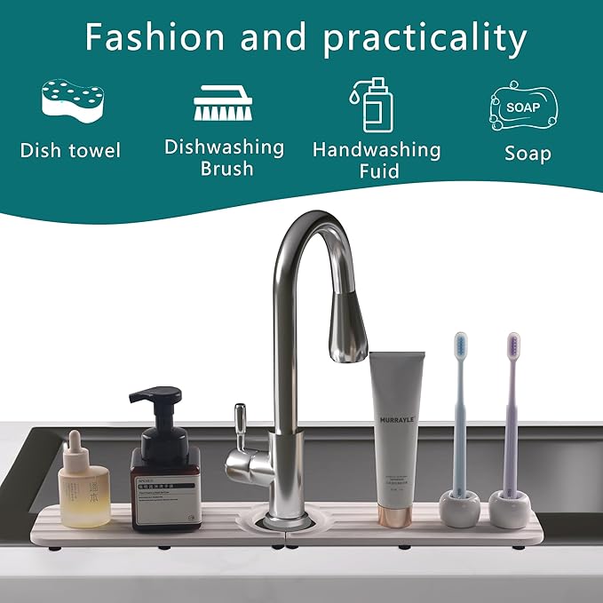 Faucet Mat for Kitchen Sink - 23.6 x 4inch Faucet Splash Guard for Bathroom Counter, Absorbent Diatomite Mat, Fast Drying Stone Sink Tray, Prevents Moisture Buildup - Image 2