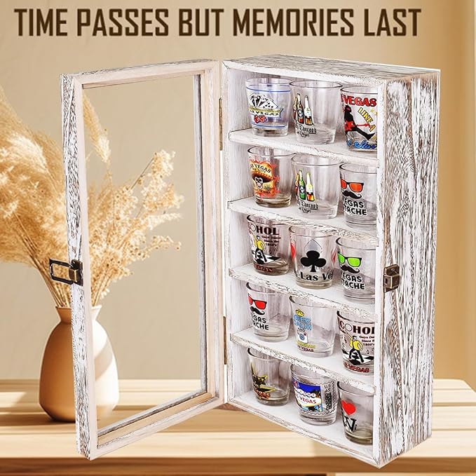 Wall Mounted Wooden Collectible Display Case 5 Shelf Display Storage Accessories Display with Acrylic Door, Sunglass Display Cabinet, Wall Shadow Box, Shelf Thimble Display Case (Old White) - Image 4