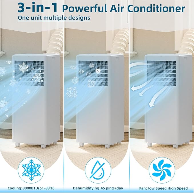 GarveeLife 8,000 BTU Portable Air Conditioner – 3-in-1 AC Unit with Dehumidifier & Fan, Quiet Cooling, Remote, 24H Timer, Window Kit, Cools Up to 350 Sq.Ft – White Top Cover + Black Nameplate - Image 6