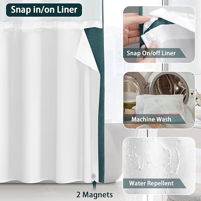 No Hook Shower Curtain and Liner Set,Seaweed Green Hotel Waffle Shower Curtain with Liner 75" L x 72" W - Image 4