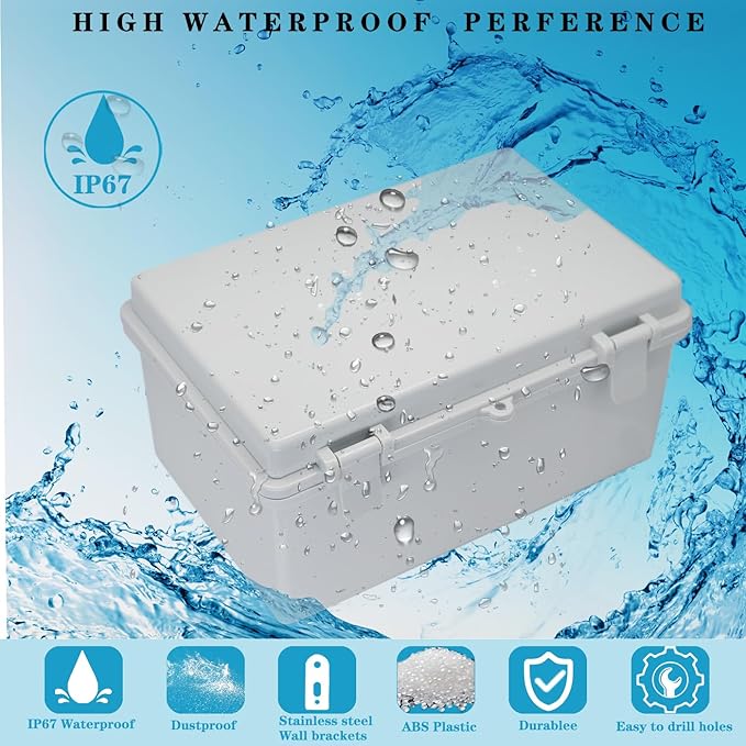 Waterproof Outdoor Electrical Box Junction Box Weatherproof IP67 ABS Plastic Enclosure Switch Router Project Box with Mounting Plate with Wall Bracket 2 Cable Glands Grey 11.4"x7.5"x5.5" - Image 2