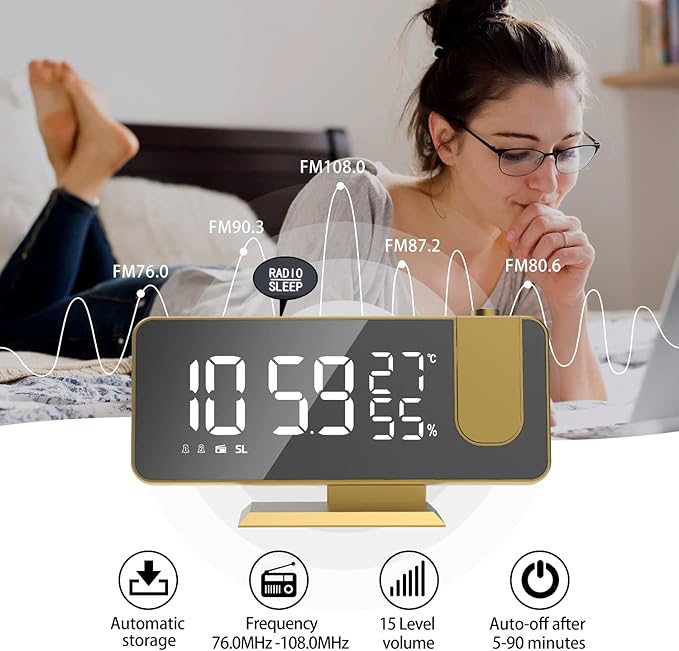 Projection Digital Alarm Clock for Bedrooms, Alarm Clock Radio on Ceiling, USB Charger Port, Temperature & Humidity Display, 7.3” Large Mirror LED Display,12/24H,Snooze,Dual Loud Clock- 4 Dimmer - Image 3