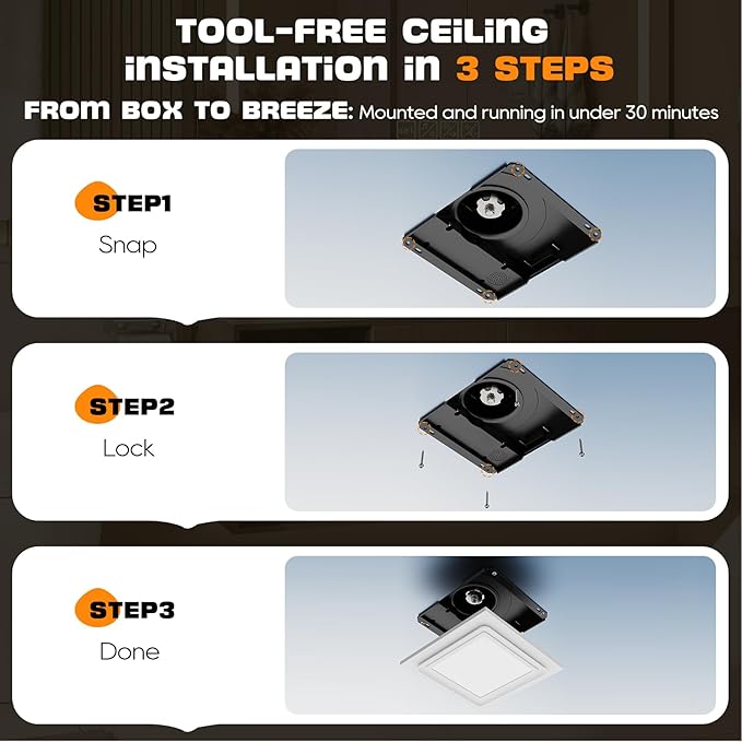 Upgrade 12" Ultra Quiet Bathroom Exhaust Fan with 6500K LED Light, 1.0 Sone 120 CFM, 10x10 Mount, 1500 LM Ceiling Ventilation Fan, Energy Efficient (12in Metal LED Light) - Image 5