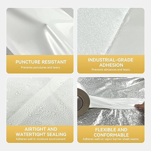 Vapor Barrier Tape 2 Rolls, 4" Wide x 180' Long Moisture Barrier Tape, 9 mil White polyethylene Tape, Moisture Sealing and Seams for Crawl Spaces, Vapor barriers, Marine, Insulation - Image 7