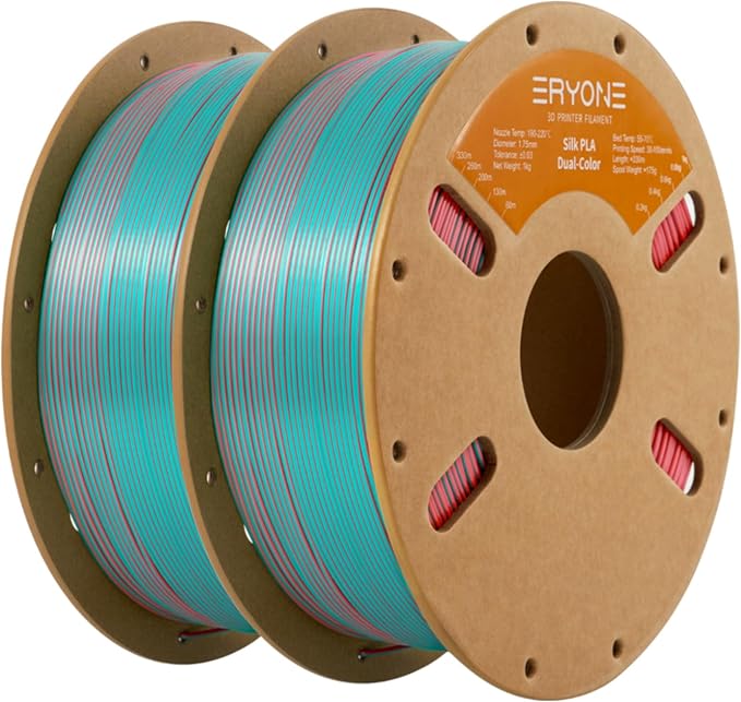 ERYONE Silk Dual Color PLA Filament 3D Printer 1.75mm +/- 0.03mm, Bicolor Filament Two Tone PLA Bundle 2KG Cardboard Spool, Teal&Orange Red by ERYONE