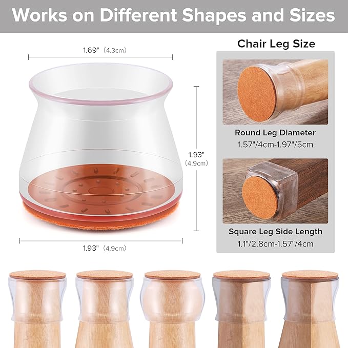 24PCS Upgraded Silicone Chair Leg Floor Protectors for Hardwood Floors, Furniture Sliders for Chair Legs, Felt Bottom Furniture Pads, Anti-Slip Round&Square Cap Covers to Scratch and Reduce Noise - Image 2
