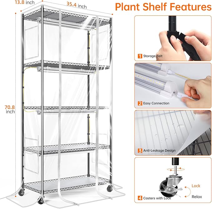 Bstrip Indoor Greenhouse with Grow Light, Mini Green House with 4 Pack T8 Full Spectrum Plant Lights with Timer, Indoor Greenhouse Cabinet for Indoor Plant, Seed Starting, Seed Tray, 29.5"x13.8"x59" - Image 6