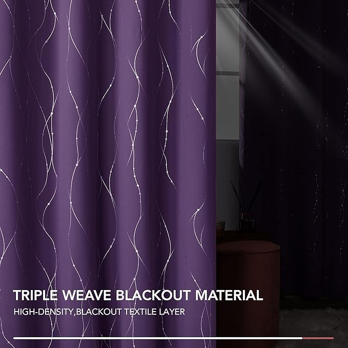 Deconovo Short Purple Curtains, Blackout Drapes with Wave Line Silver Print, 38 x 45 Inches Long, Thermal Insulated Panel, Grommet Top, Machine Washable, Set of 2 Panels for Kitchen Nursery Bedroom - Image 3