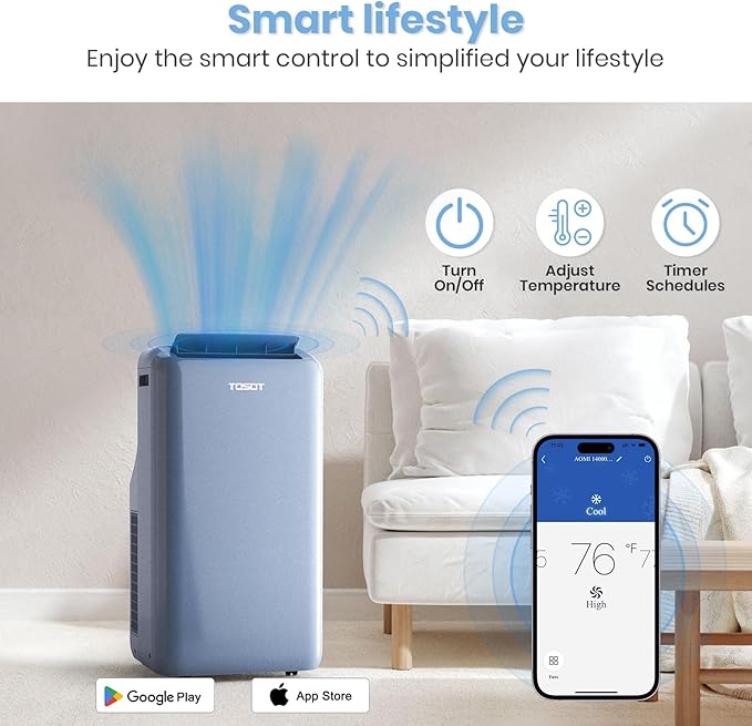 TOSOT 14,000BTU (9,600 BTU SACC) Wifi Portable Air Conditioner with Heating Mode, Cooling, Dehumidifier, Fan, Auto Swing, 24H Timer, for Large Rooms Up to 600 sq ft, AOMI Series, Steel Blue - Image 3